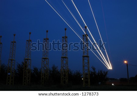 Airplane landing at night. Brussels Airport, Belgium