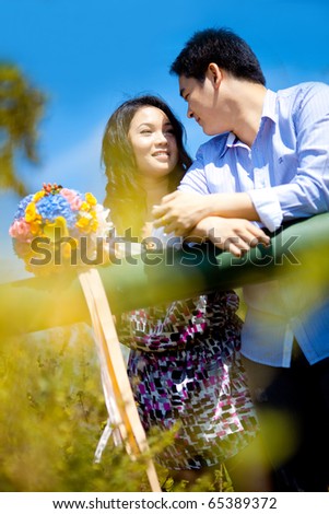 stock photo Pre wedding couple romance with bouquet