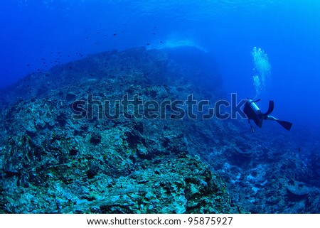 Big rock and diver underwater
