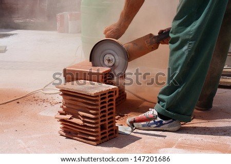 brick cut with circular saw or grinder on site