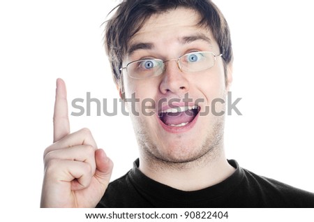 stock photo Guy pointing up finger as a concept for getting an idea Image