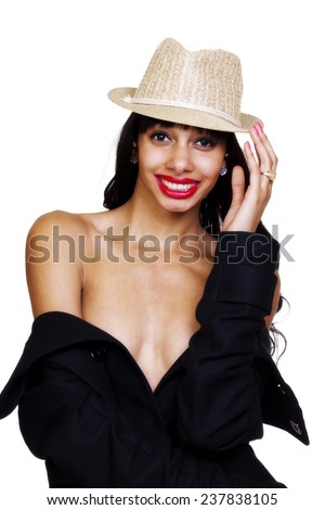 Skinny African American Woman Jacket Off Shoulders