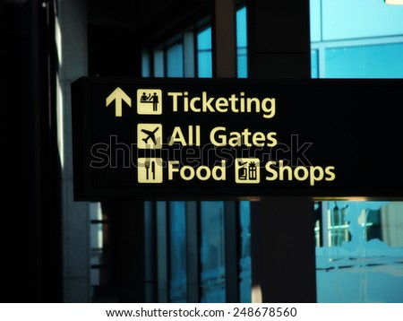 Direction Sign Inside Airport Ticketing Gates Food Shops