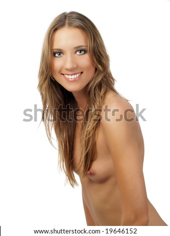 stock photo smiling young blond woman topless with small breasts