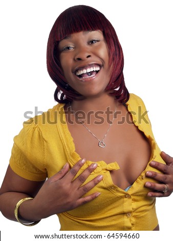 stock photo Young black woman big smile holding breasts