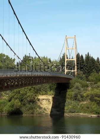 suspension walking bridge spanning river with blue skies