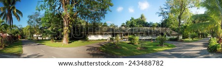 Panoramic image of an old camp house in the rain forest, Borneo, Malaysia