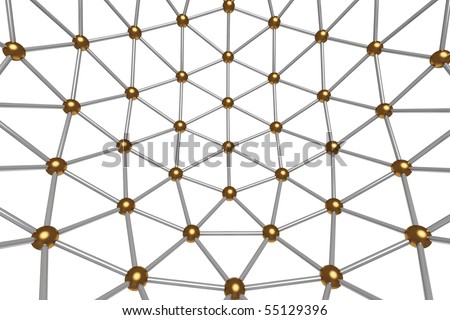 Abstract 3d shape with gold balls on a white background
