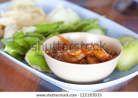 Thai Cuisine - Shrimp in chili sauce  thai hot and spicy sauce with herb and vegetables - namprik