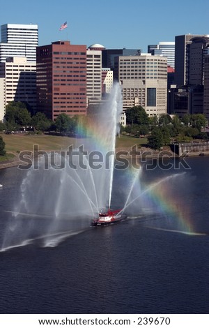 Rainbow across fire boat