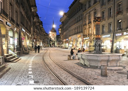 Bern,Switzerland - September 17, 2013: Alley to the clock tower at the old Unesco world heritage town of Bern on Switzerland