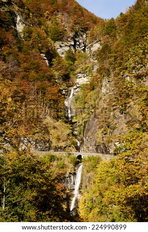 Waterfall at the village of Comologno on Onsernone valley, Switzerland