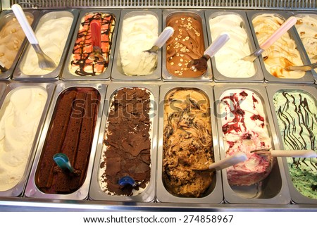 Colorful ice cream tray on a restaurant