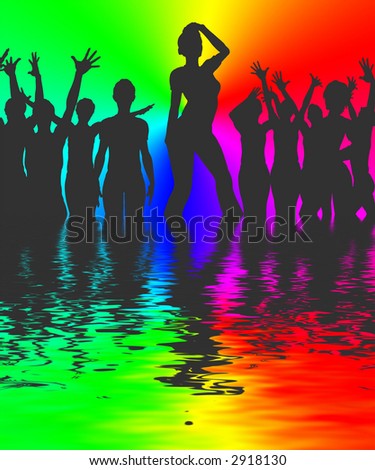 party-people with rainbow background and water mirror