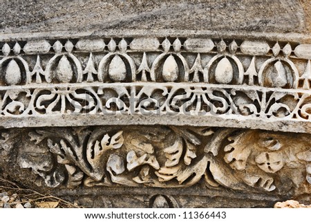 Decorative ornament detail of the ancient ruins in Side, province of Antalya, Turkey