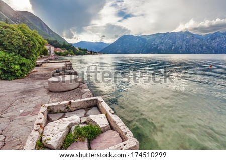 sea and mountains in bad weather. Montenegro