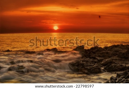 Red sunset of Hawaii. Photographed in Kona on Big Island. Hawaii. USA