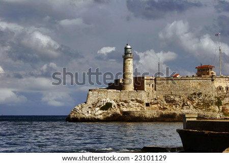 Beacon of capital of Cuba. View on beacon from quay Malecon on ocean and Havana city. Cuba island.