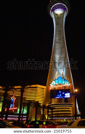 LAS VEGAS - MAY 1: Night lights of the Stratosphere Tower invites vacationers to play in the casino and try luck on May 1, 2007. Stratosphere  is located on the main Boulevard on the Las Vegas Strip.