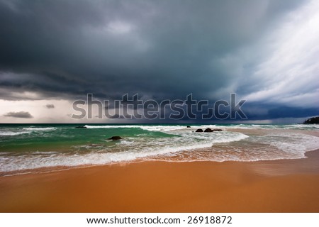 Bad weather on the sand tropical beach. Phuket island. Andaman sea. Kingdom Thailand