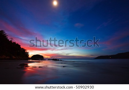 Night with moon above the tropcal beach