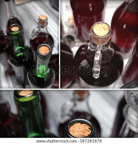 set of old home made wine bottles details