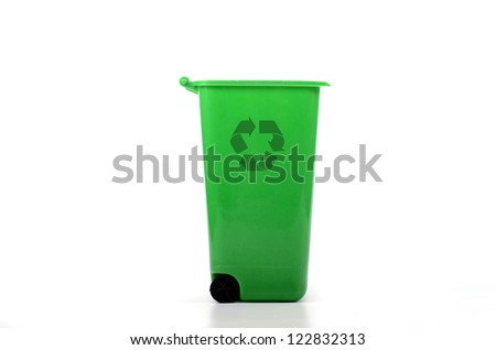 Empty green plastic recycle bin isolated, recycling concept