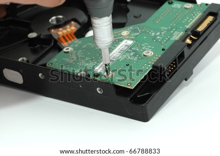 Close up of  opened hard disk drive hard disc repairing concept