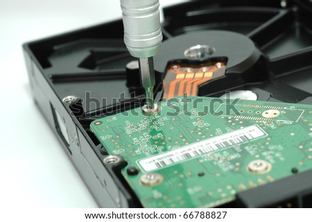 Close up of opened hard disk drive hard disc repairing concept