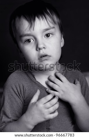 People stop fighting Angels are crying We can be better Love is the answer (Black-and-white portrait of boy)