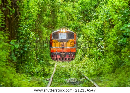 Logistic Train running on Natural Train tree tunnel in Thailand (Bangkok)