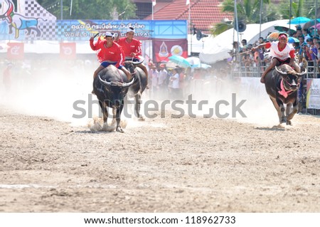 CHONBURI, THAILAND - OCTOBER 29: Riders and their Buffalo race in order to win at Buffalo Racing Festival in October 29, 2012 in Chonburi, Thailand.