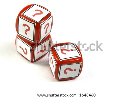 red dices with question simbol printed on a white background (selective focus on first cube)