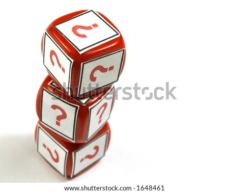red dices with question simbol printed on a white background ((selective focus on first cube)
