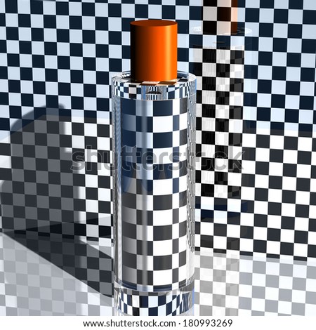 Glass bottle on the background of chess squares,