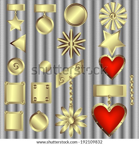 Set of decorative gold medals on seamless patterned background texture in a square