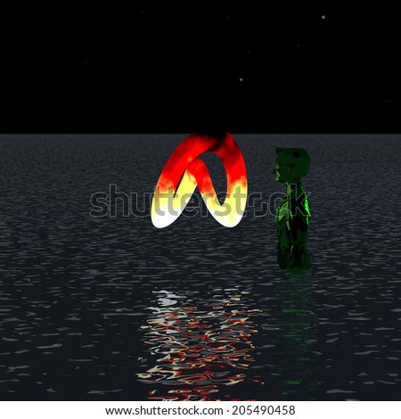 Green alien standing in the water looking at the burning weird thing