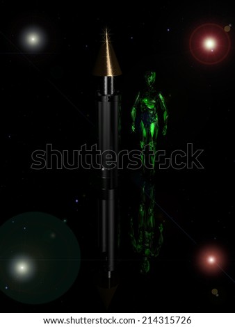 Green alien standing in front of the spaceship