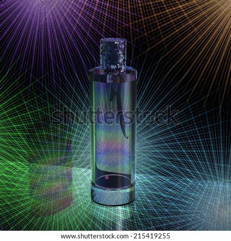 Empty perfume bottle on a background of multicolored beams