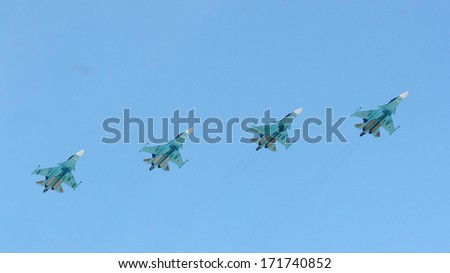 MOSCOW, RUSSIA - MAY 9, 2013: Russian army military jets during military parade for the Victory Day which will take place at Moscow\'s Red Square.
