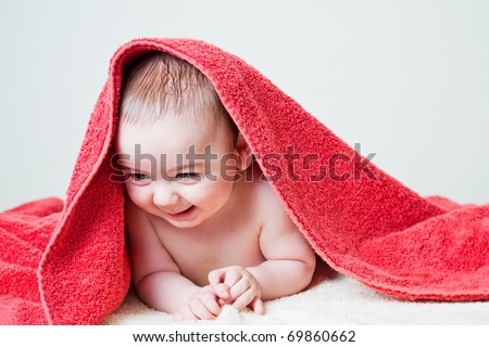 Baby Boy After Bath Wrapped in Red Towel Laying and Posing