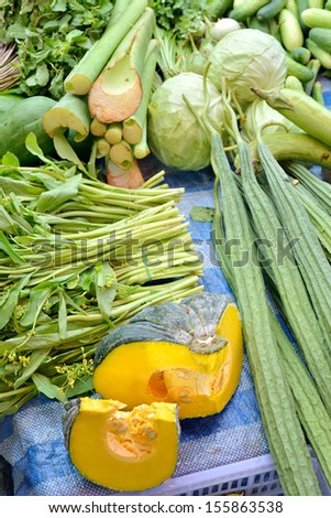 thai pumpkin ,Zucchini,Water spinach vegetable thai in fresh market