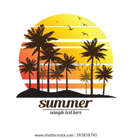 Tropical palm trees island silhouettes with Sunset , vector illustration