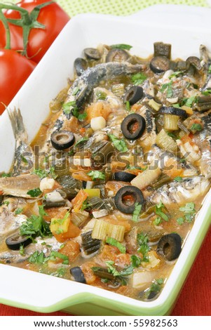Fresh cooked sardines with vegetables