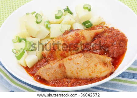 Filled cooked squid with potato and sauce