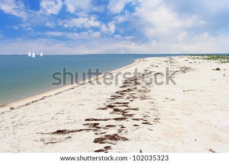 Seascape of the Sea of Azov over blue moody sky with yachts by the horizon