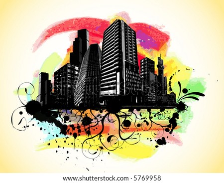 stock vector : Grunge and paint textured city scape - vector