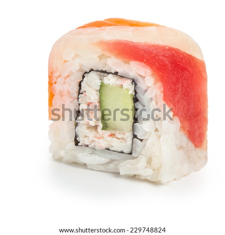 Rainbow uramaki japanese roll stuffed with crab meat and cucumber