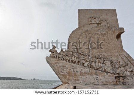 Monument to the Discoveries in Lisbon on the river Tagus, commemorating the Portuguese discoveries of the 15th and 16th centuries in the form of a caravel ship with prominent figures on the deck