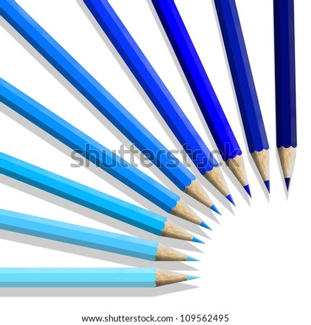 set of colored pencils, blue palette isolated